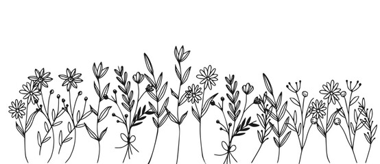Black silhouettes of grass, flowers and herbs isolated on white background. Hand drawn sketch flowers  - obrazy, fototapety, plakaty