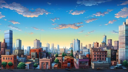 Urban life representation with the composition of cityscape and skies.