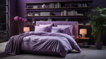 An inviting bedroom with whispering violet bedding and shadowed violet accent wall