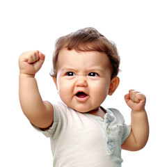 Funny baby hold up fist with emotion