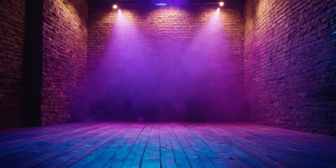Brick wall texture pattern, blue, and purple background, an empty dark scene, laser beams, neon, spotlights reflection on the floor, and a studio room with smoke