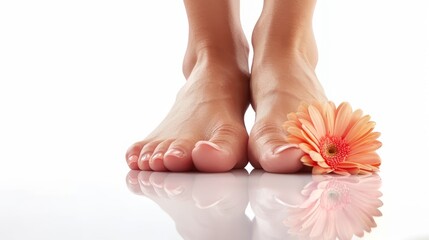 Obraz na płótnie Canvas Young woman's beautiful bare feet and toes view. Closeup isolated on white background with copyspace for spa treatment. female feet with the French pedicure. Generative ai