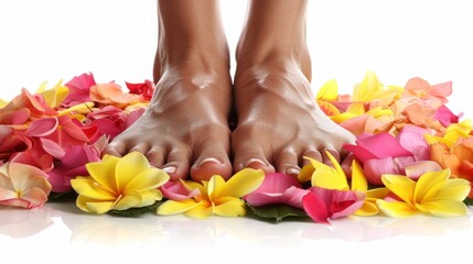 Young woman's beautiful bare feet and toes view. Closeup isolated on white background with copyspace for spa treatment. female feet with the French pedicure. Generative ai