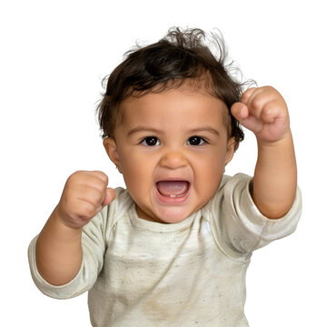 Funny baby hold up fist with emotion
