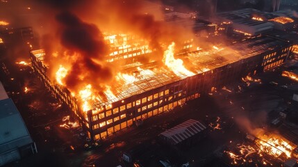 A burning warehouse and a bright flame encompassing the hangar. Thick smoke emanates from the warehouse, surrounding it in a haze. The warehouse is engulfed in flames.