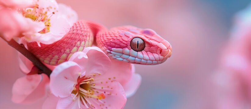 A close up of a pink snake coiled around a branch, showcasing its vibrant scales and distinct pattern. The snakes head is prominent, with its tongue flickering in and out.