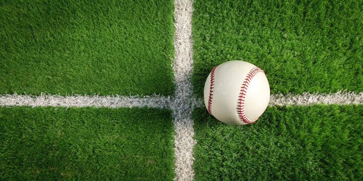 Baseball on Green Grass with White Chalk Line