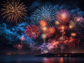 Colorful fireworks in the night sky of the resort town.