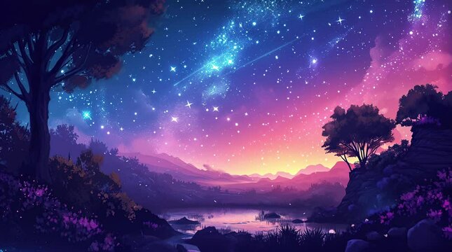 Celestial Tapestry: Colorful Starry Sky on the Horizon Seamless looping 4k time-lapse virtual video animation background. Generated AI