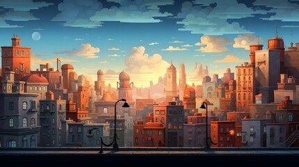 Urban life representation with the composition of cityscape and skies.