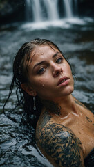 Beautiful Caucasian Model Woman with Tattoos Emerging from the Water Water drops Concept
