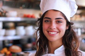Hispanic woman wearing chef uniform in luxury hotel restaurant kitchen