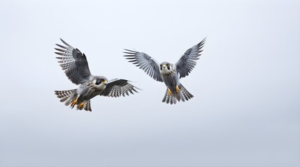 Swift falcons hunting in a synchronized aerial ballet against a muted grey sky. - obrazy, fototapety, plakaty