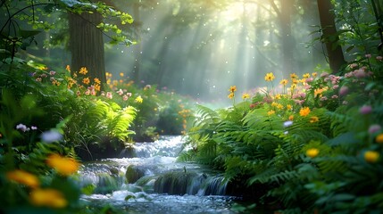 Beautiful spring landscape of a small river running through forest with light shining through the...