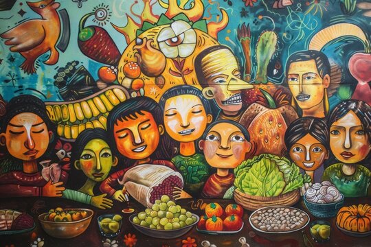 Hand-painted mural on a city wall, depicting a joyful community gathered around a bountiful vegetarian feast.