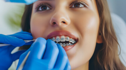 Gros plan sur l'appareil dentaire d'une patiente chez le dentiste.