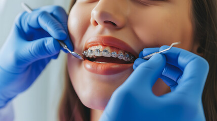 Gros plan sur une patiente chez le dentiste en train de se faire analyser un appareil dentaire.