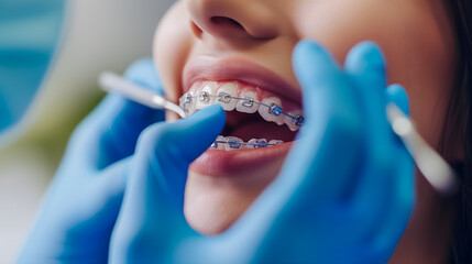 Un dentiste ajuste les bagues d'un appareil dentaire sur une patiente.