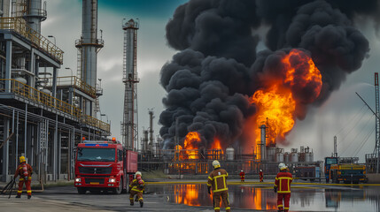 Des pompiers interviennent sur un incendie majeur dans une installation industrielle.
