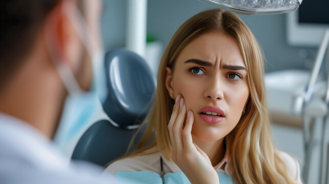 Une femme exprime une douleur dentaire &agrave; son dentiste.