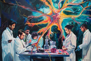 An image capturing the essence of a "Eureka" moment in neuroscience. A breakthrough discovery, with scientists gathered around a visually representation of a synapse.