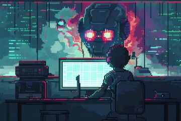 A pixel art representation of digital guardians protecting users from cyber threats. Secure online practices and combating cyberbullying. Online safety.