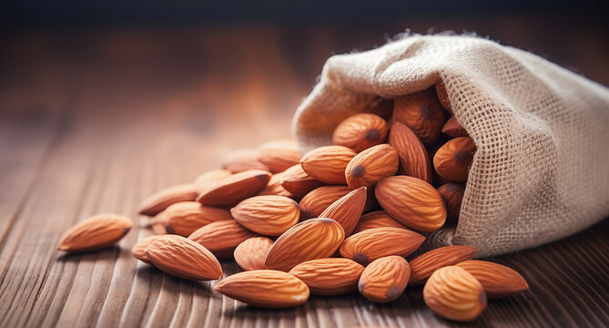 Almonds in Jute Bag on Wooden Base
