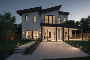 Beautiful modern house with landscape design and outdoor lighting. Modern house landscape design concept.