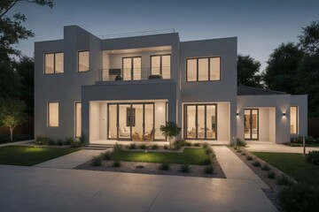 Beautiful modern house with landscape design and outdoor lighting. Modern house landscape design concept.