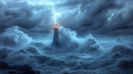Fototapeta na wymiar Lighthouse as a Beacon of Light in Stormy Sea