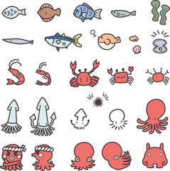  様々な魚やタコなど海の生き物をシンプルにデフォルメしたイラストセット