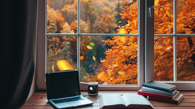 Autumn Serenity: Laptop Resting on Windowsill Overlooking Fall Landscape Seamless looping 4k time-lapse virtual video animation background. Generated AI