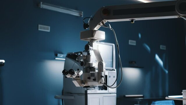 Interior of a modern ophthalmology operating room with modern equipment. The concept of new ophthalmological and modern technologies for vision correction and treatment.