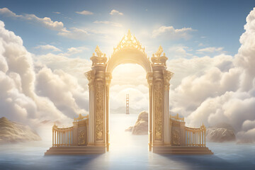 Serene Representation of Celestial Heaven with Divine Golden Gates amid Peaceful Clouds