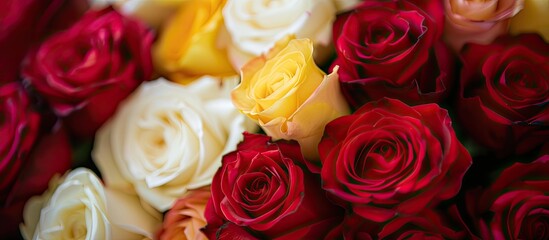 This close-up shot showcases a vibrant bouquet filled with red and white roses. The petals display intricate details and textures, creating a striking visual contrast between the two colors.