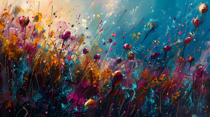 Splashes of bold colors cascade over a backdrop of lush, dew-kissed grass, forming an abstract tapestry that exudes the warmth and vitality of a sunlit summer meadow