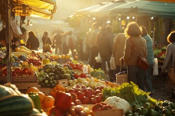 A vibrant farmers market scene showcasing an abundance of fresh, colorful organic fruits and vegetables neatly arranged on wooden stalls - obrazy, fototapety, plakaty