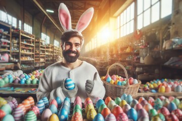 easter egg factory with bunny people workers - obrazy, fototapety, plakaty