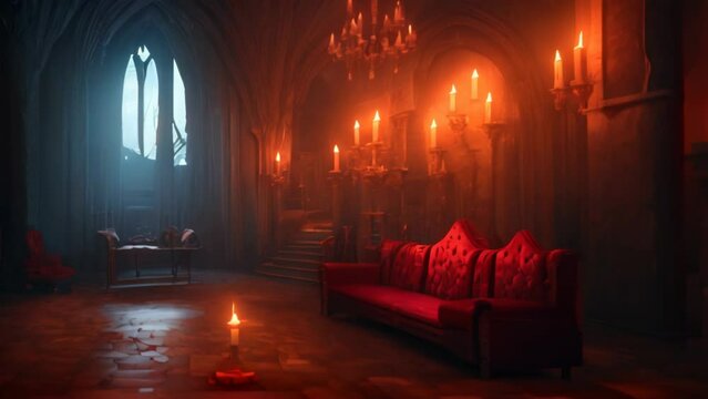 Interior of Dracula castle, victorian living room with table, sofa and lounge chairs by candlesticks. Halloween gothic atmosphere inside of Ancient vampire castle for games background. AI-generated