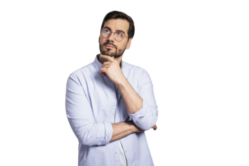 Thoughtful male in light blue shirt, looking upwards, contemplating, isolated on white