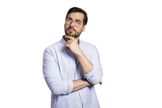 Thoughtful male in light blue shirt, looking upwards, contemplating, isolated on white