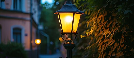 An old street lamp illuminating the historic streets with a vintage charm. The lamp post stands tall with a quaint house in the background.