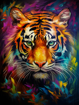 Realistic painting of a tiger head with a colorful background