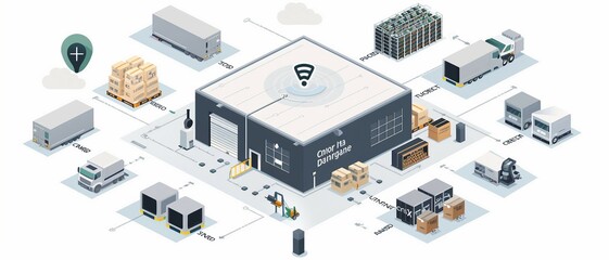 an isometric illustration of a smart warehouse management system with emphasis on inventory control. with IoT devices. - obrazy, fototapety, plakaty