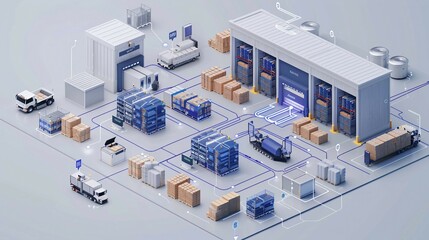 an isometric illustration of a smart warehouse management system with emphasis on inventory control. with IoT devices. - obrazy, fototapety, plakaty