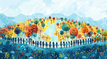 Nice children's artistic drawing with children holding hands in front of a planet full of trees and water. Concept of protection and conservation of the planet for International Mother Earth Day.