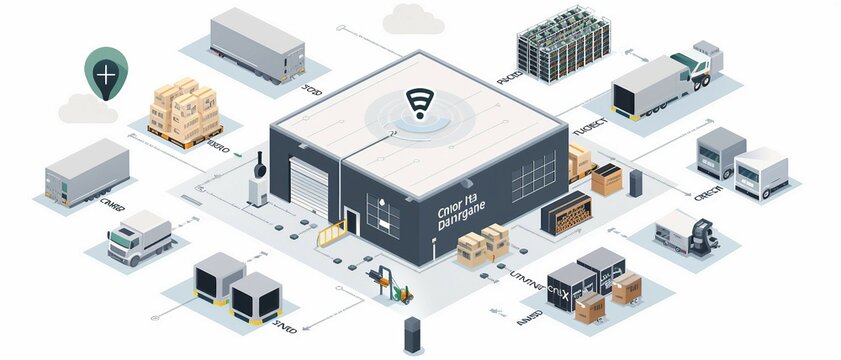 an isometric illustration of a smart warehouse management system with emphasis on inventory control. with IoT devices.
