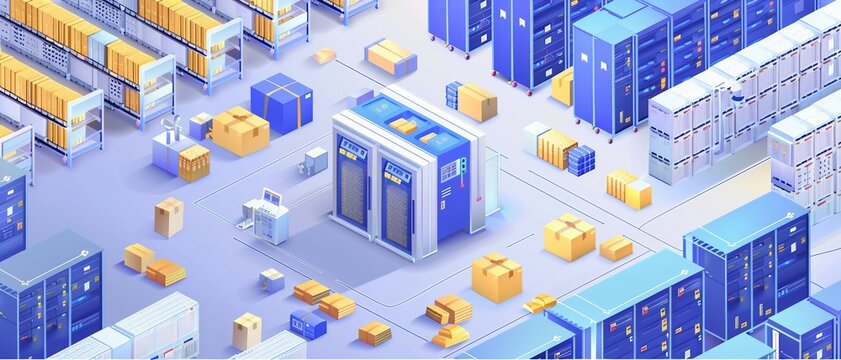 an isometric illustration of a smart warehouse management system with emphasis on inventory control. with IoT devices.