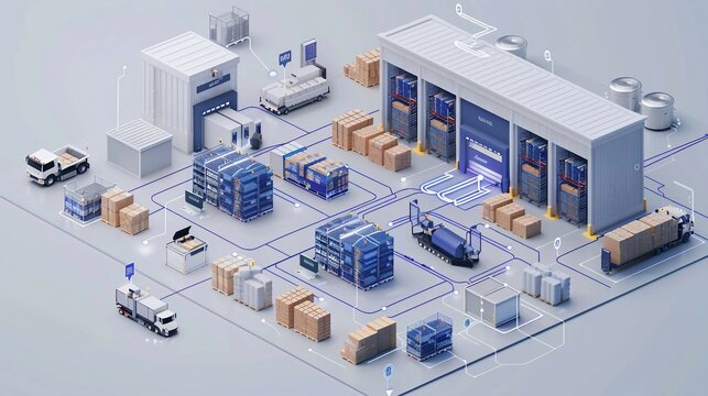 an isometric illustration of a smart warehouse management system with emphasis on inventory control. with IoT devices.