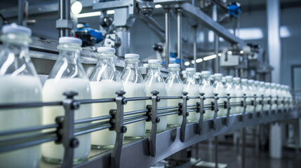 Fototapeta premium Bottles of milk on conveyor belt
